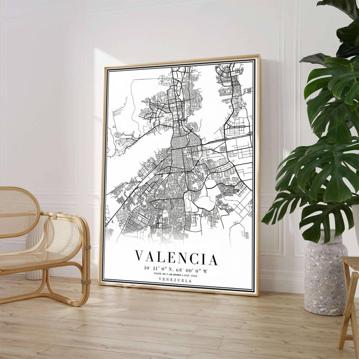 Minimalist city street map decor depicting the urban road network and valley geography of Valencia in Carabobo, Venezuela. Available through MapYourDreams, customers can select from fine art paper, handcrafted timber frames, or stretched canvas options.