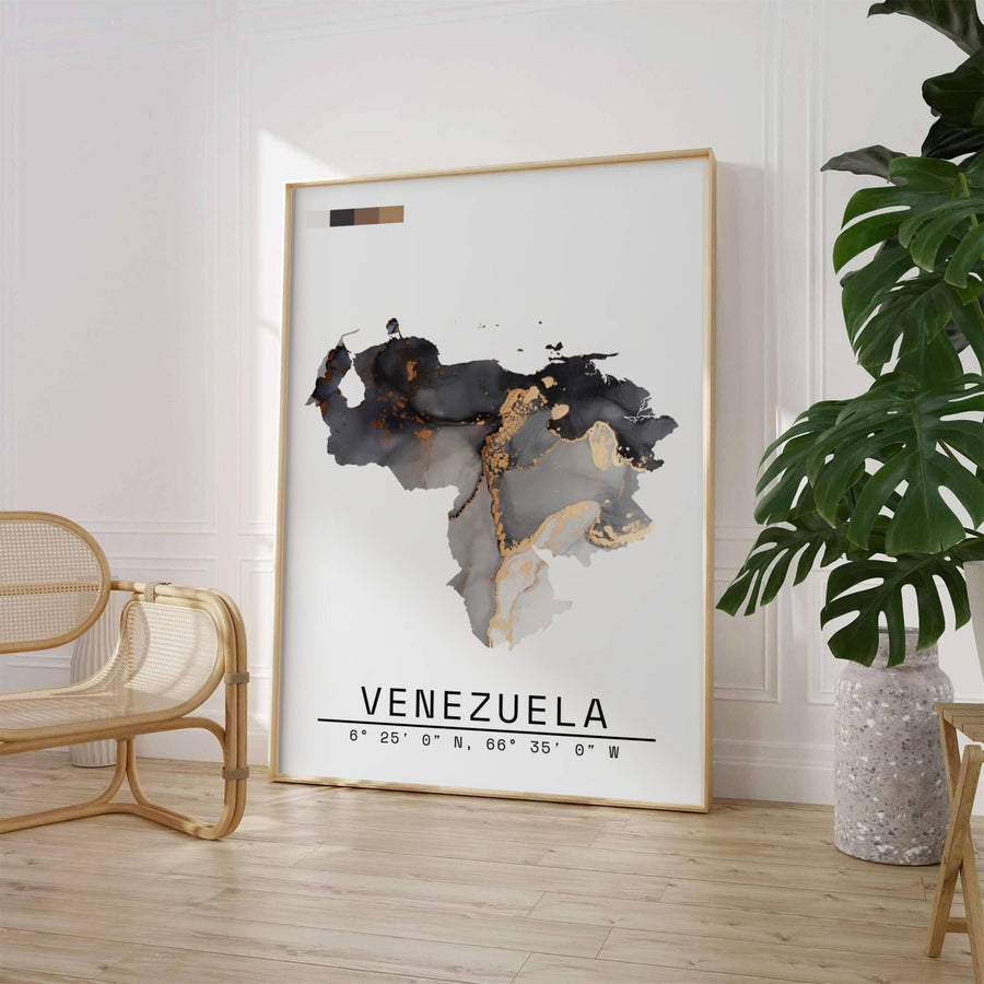 Charcoal and gold fluid ink country silhouette wall decor depicting gilded veins, marbling effects, and translucent ink washes within Venezuela&