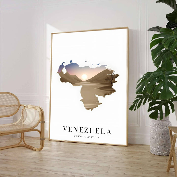 Médanos de Coro silhouette wall decor depicting golden sand dunes, a setting sun, and a lone desert tree inside Venezuela&