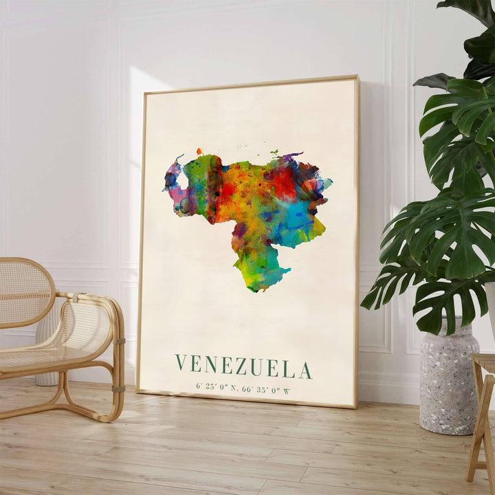 Paint splatter country silhouette wall decor depicting multi-colored watercolor washes, ink drips, and splatters inside Venezuela&