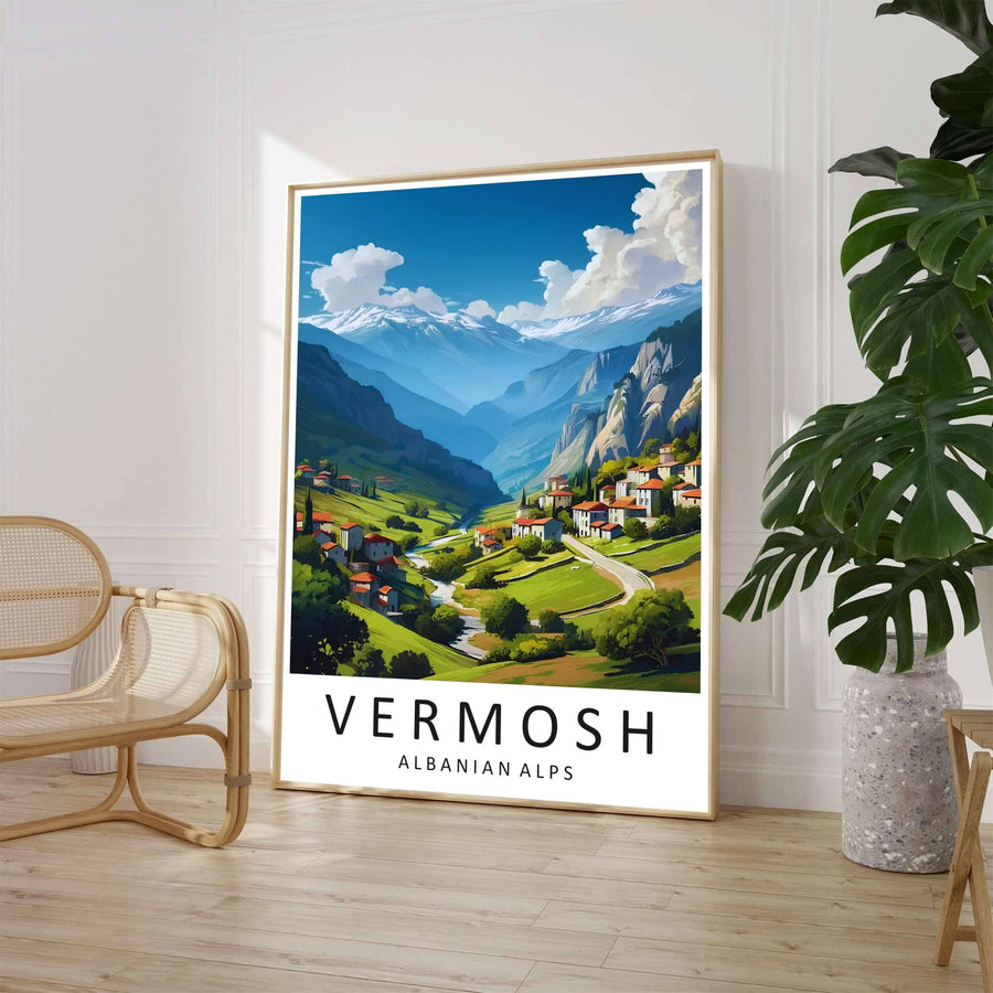 A clean contemporary vector illustration captures the dramatic landscape of the Albanian Alps framed by winding rivers and rolling hills beneath a bright daytime sky. Customers can select from unframed archival paper stock, custom wood frames, or gallery canvas wraps to suit their home decor style.