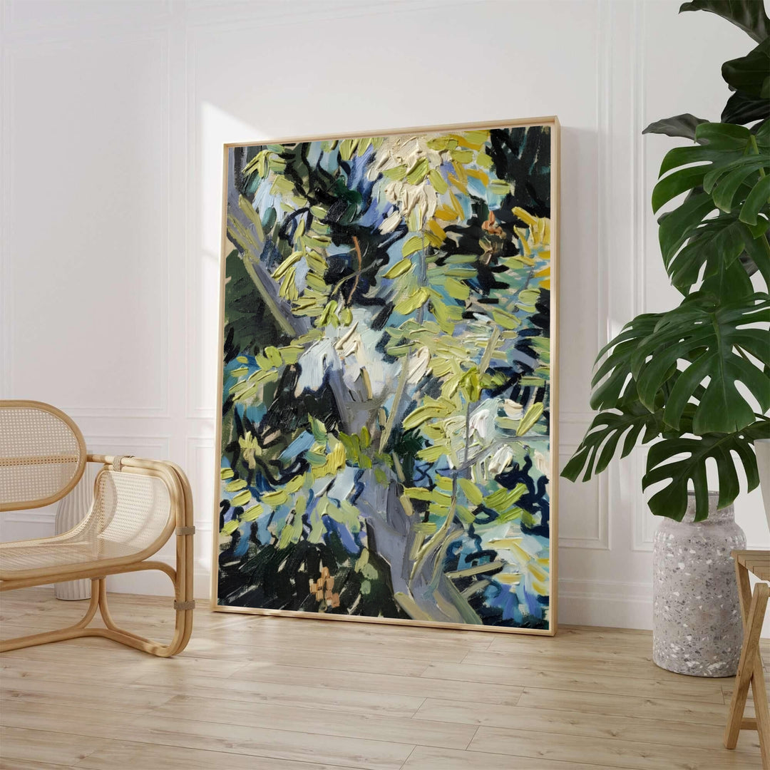 Botanical oil painting poster of Vincent van Gogh Blossoming Acacia Branches 1890 depicting vibrant green foliage in Auvers-sur-Oise France. Choose between an unframed fine art paper print, a textured gallery stretched canvas print, or custom framed wall decor directly from MapYourDreams.