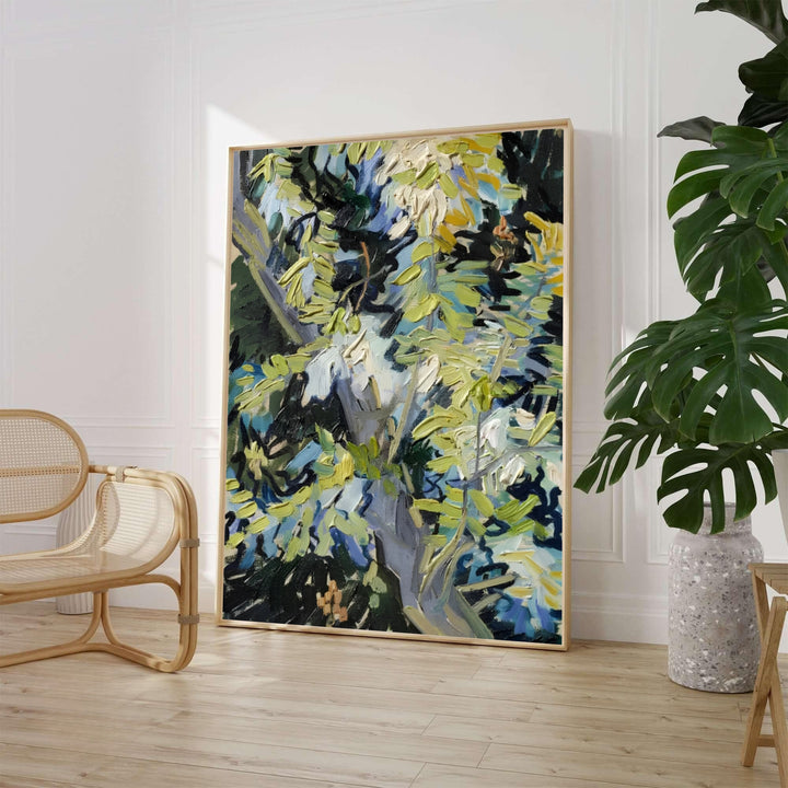 Botanical oil painting poster of Vincent van Gogh Blossoming Acacia Branches 1890 depicting vibrant green foliage in Auvers-sur-Oise France. Choose between an unframed fine art paper print, a textured gallery stretched canvas print, or custom framed wall decor directly from MapYourDreams.
