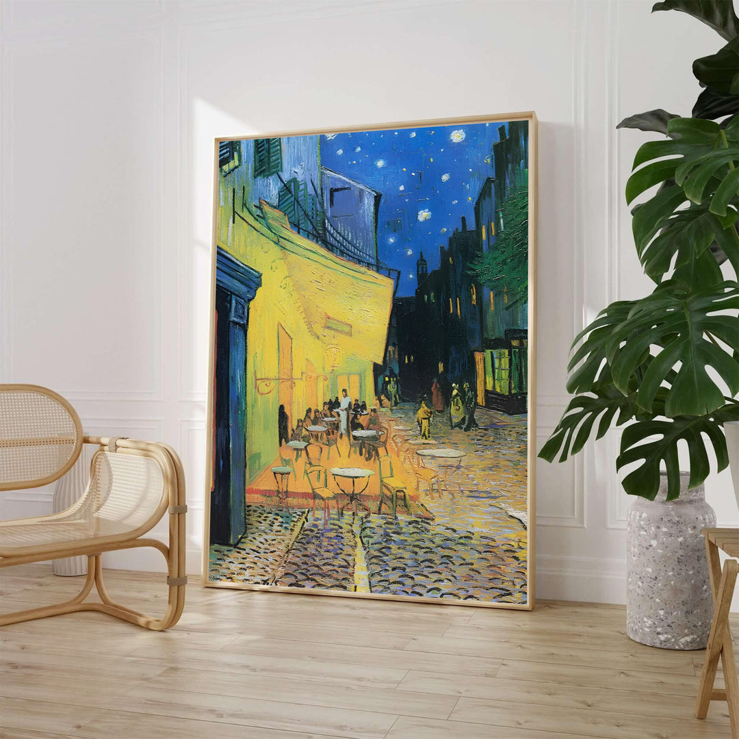 Vincent van Gogh Cafe Terrace at Night 1888 art print depicting glowing yellow lantern light on Place du Forum in Arles France. MapYourDreams offers custom framed wall art, unframed paper prints, and gallery wrapped canvas options to enhance your dining area and living room decor setup.