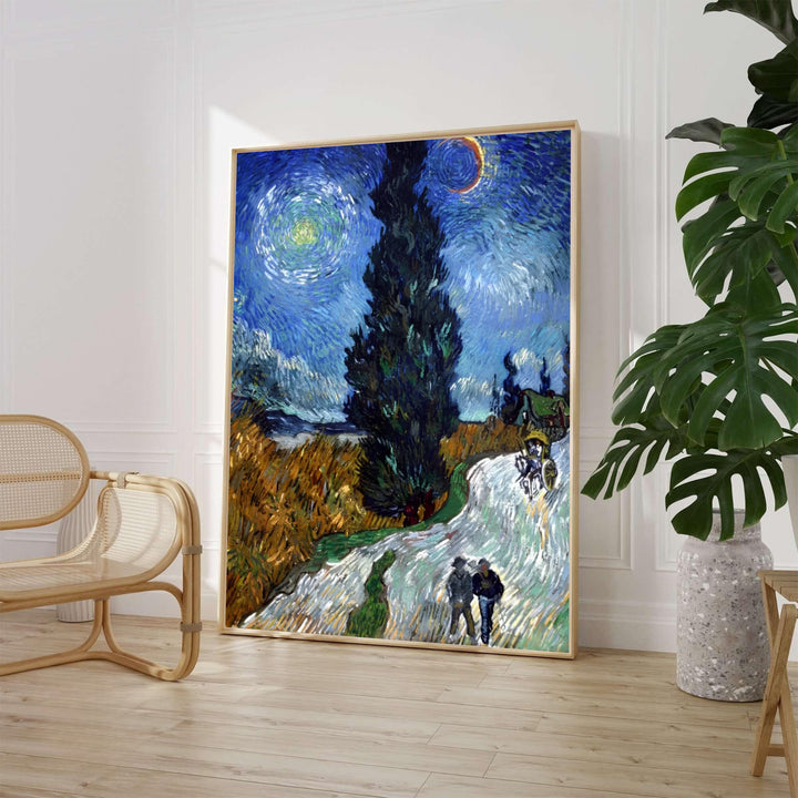 Historic oil painting poster of Vincent van Gogh Country Road in Provence by Night 1890 depicting travellers walking past golden wheat fields in Saint-Rémy-de-Provence France. Choose between an unframed fine art paper print, a textured gallery stretched canvas print, or custom framed wall decor.
