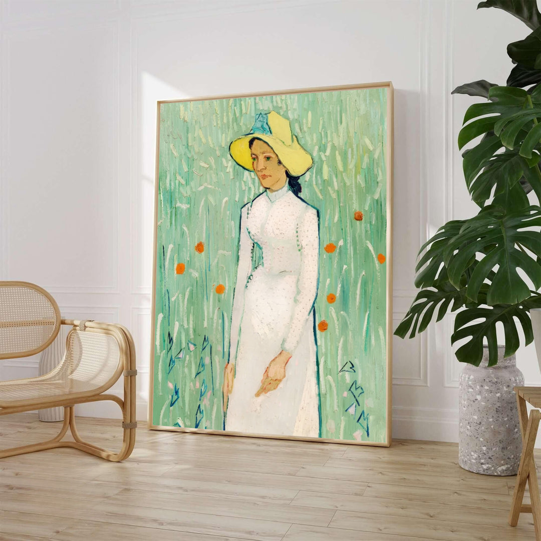Historic oil painting poster of Vincent van Gogh Girl in White 1890 showing a woman standing in tall grass in Auvers-sur-Oise France. Choose an unframed fine art paper print, a textured gallery stretched canvas print, or custom framed wall decor directly from MapYourDreams for home styling.
