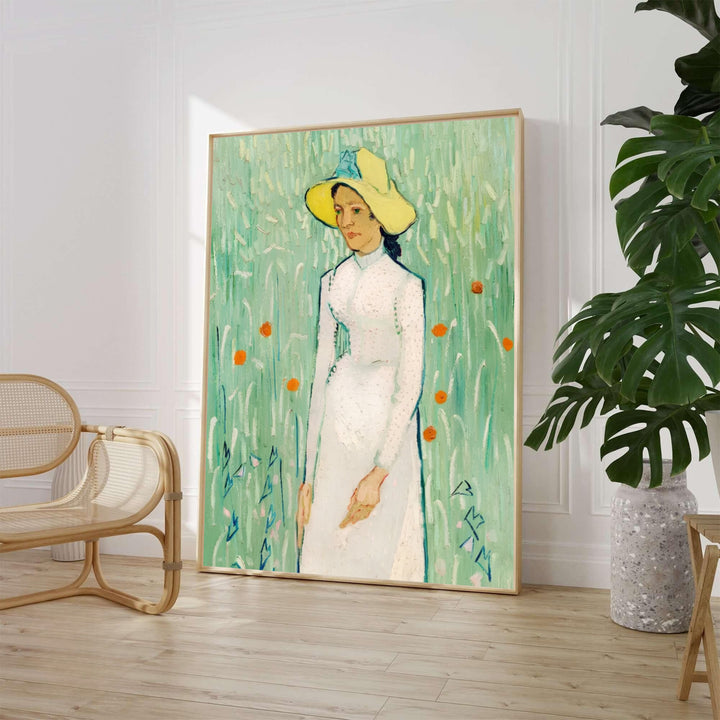 Historic oil painting poster of Vincent van Gogh Girl in White 1890 showing a woman standing in tall grass in Auvers-sur-Oise France. Choose an unframed fine art paper print, a textured gallery stretched canvas print, or custom framed wall decor directly from MapYourDreams for home styling.