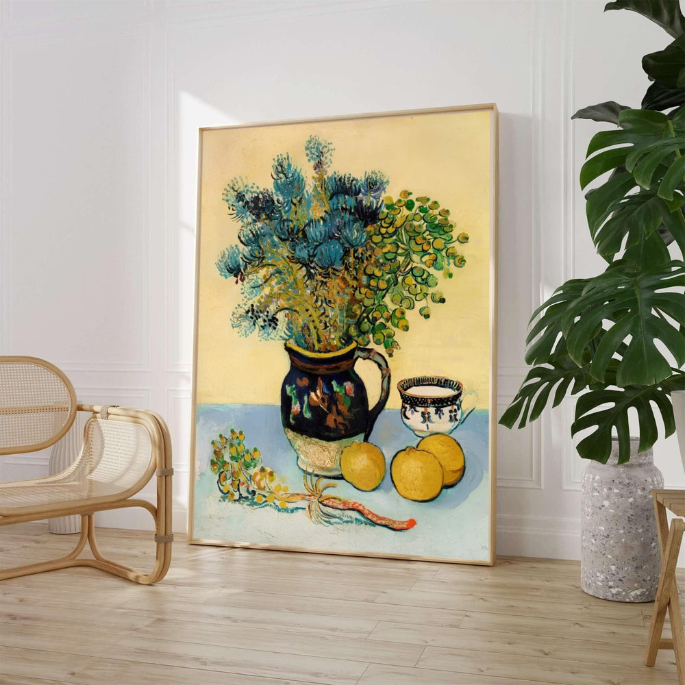 Historic Post-Impressionist oil painting poster of Vincent van Gogh Majolica Jar Wildflowers 1888 painted in Arles France. Choose an unframed fine art paper print, a textured gallery stretched canvas print, or custom framed wall decor directly from MapYourDreams to decorate your room.