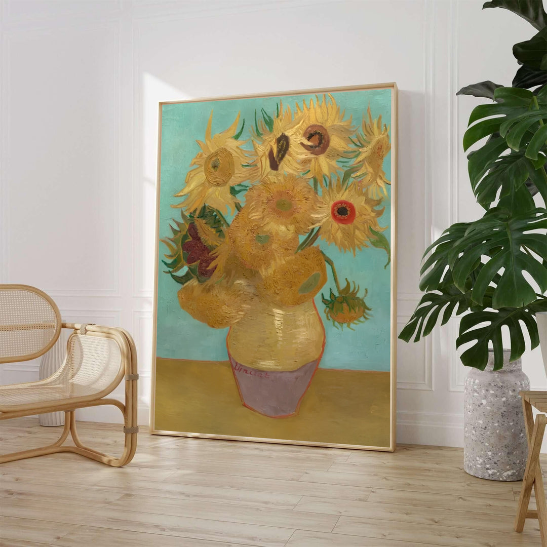 Botanical still life wall decor poster of Vincent van Gogh Sunflowers on Blue 1888 painted in Arles France featuring golden blooms on turquoise. MapYourDreams offers elegant framed prints, unframed paper posters, and stretched canvas art prints for refined dining room decor.