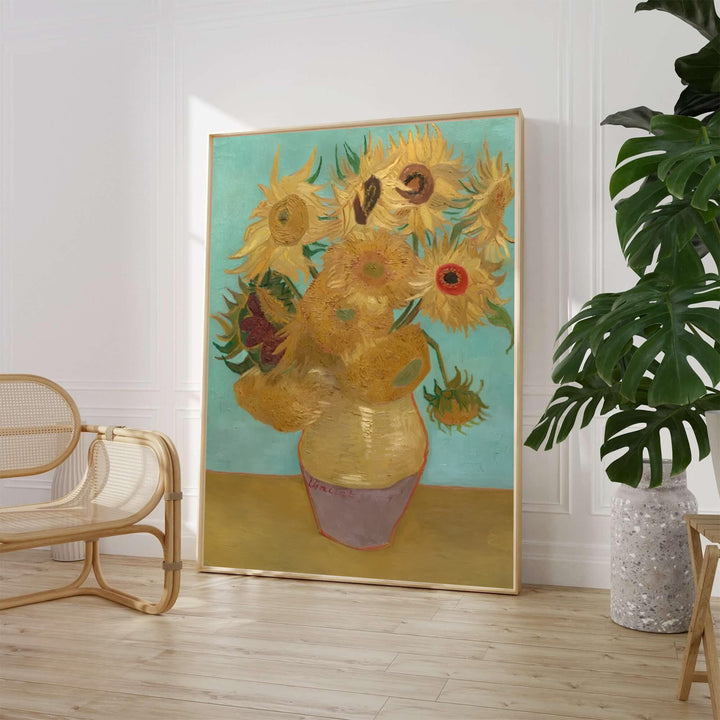 Botanical still life wall decor poster of Vincent van Gogh Sunflowers on Blue 1888 painted in Arles France featuring golden blooms on turquoise. MapYourDreams offers elegant framed prints, unframed paper posters, and stretched canvas art prints for refined dining room decor.