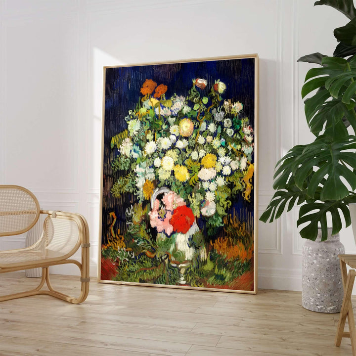Botanical still life wall decor poster of Vincent van Gogh Vase With Flowers 1890 painted in Auvers-sur-Oise France featuring vibrant blooms on deep blue. MapYourDreams offers elegant framed prints, unframed paper posters, and stretched canvas art prints for refined dining room decor.