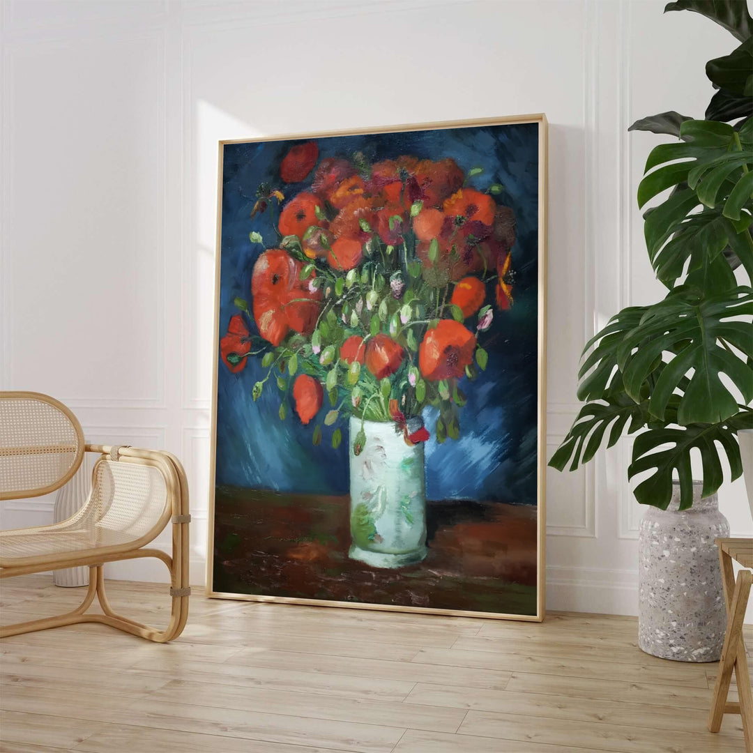 Botanical floral wall decor poster of Vincent van Gogh Vase With Red Poppies 1886 painted in Paris France featuring rich red petals on moody blue backdrops. MapYourDreams offers elegant framed prints, unframed paper posters, and stretched canvas art prints for sophisticated dining room styling.