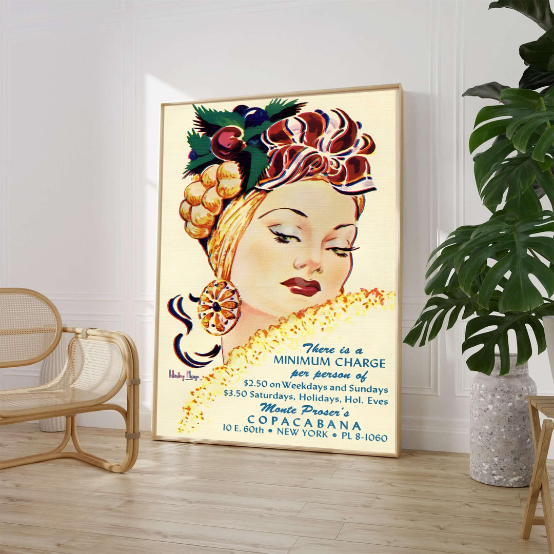 1940s Monte Proser Copacabana nightclub wall art featuring retro illustration and authentic pricing details in New York City, available from MapYourDreams as an unframed paper print, ready-to-hang gallery canvas wall art, or custom framed decor in black, white, and natural wood frame options.