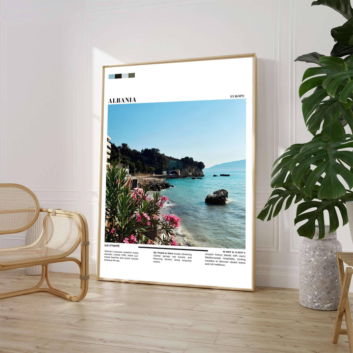 A clean contemporary photographic composition captures the sparkling Ionian Sea and coastal highway of Vlorë framed by editorial color swatches and typography. Customers can select from unframed archival paper stock, custom wood frames, or gallery canvas wraps to suit their home decor style.