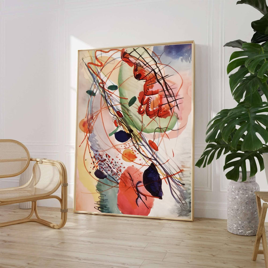 Characterized by vibrant coral red pigments, soft green watercolor bleeds, and expressive dark ink lines, Wassily Kandinsky&