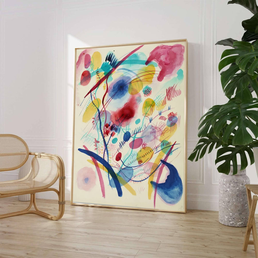 Characterized by vibrant primary red pigments, deep blue accents, and expressive watercolor bleeds, Wassily Kandinsky&