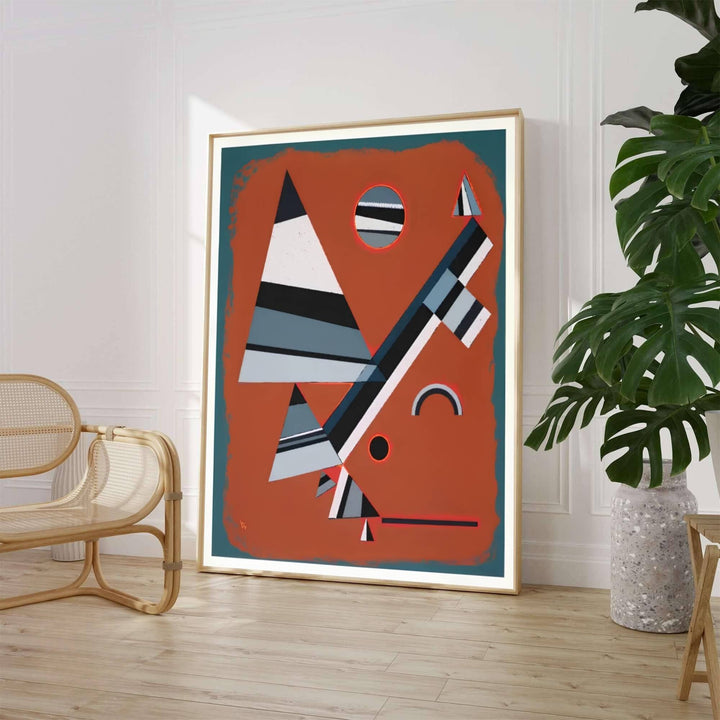 Characterized by a warm terracotta-red background field, deep teal borders, and monochrome tonal bands, this Wassily Kandinsky Gray Gris print captures the intellectual essence of Bauhaus design theory. Art lovers can acquire this striking wall art through MapYourDreams, where it comes in versatile formats such as delicate matte art prints, durable framed posters, and ready-to-hang canvas wraps.