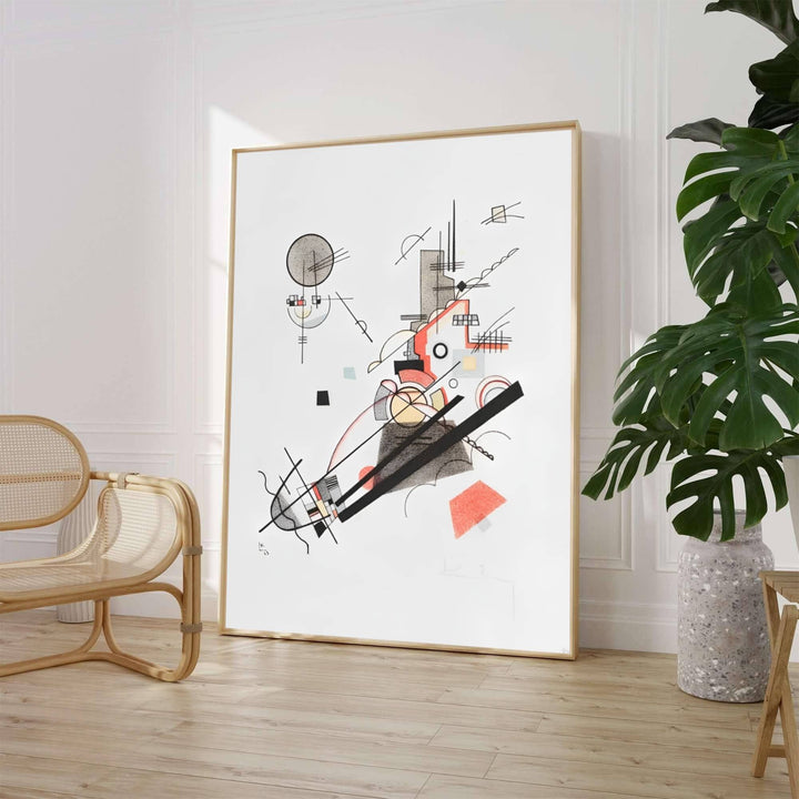 Characterized by a pristine white background field, deep charcoal accents, and subtle coral-red highlights, this Wassily Kandinsky Joyful Ascent print captures the intellectual essence of Bauhaus design theory. Art lovers can acquire this striking wall art through MapYourDreams, where it comes in versatile formats such as delicate matte art prints, durable framed posters, and ready-to-hang canvas wraps.