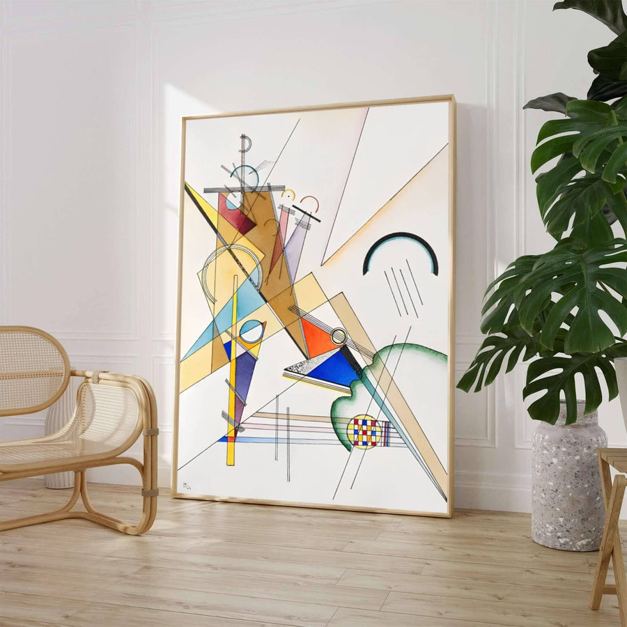 Characterized by a pristine light background field, deep blue accents, and warm ochre geometric blocks, this Wassily Kandinsky Web Gewebe poster captures the intellectual essence of Bauhaus design theory. Art lovers can acquire this striking wall art through MapYourDreams, where it comes in versatile formats such as delicate matte art prints, durable framed posters, and ready-to-hang canvas wraps.
