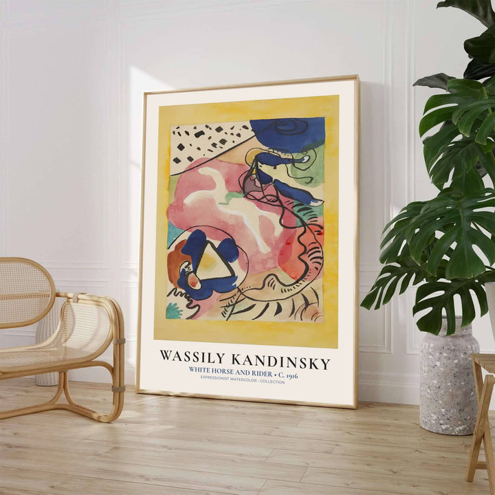 Characterized by vibrant sunny yellow backgrounds, soft rose watercolor bleeds, and deep cobalt blue accents, this Wassily Kandinsky White Horse And Rider watercolor art print captures the historic spirit of early expressionist abstraction. Art lovers can acquire this striking wall art through MapYourDreams, where it comes in versatile formats such as delicate matte art prints, durable framed posters, and ready-to-hang canvas wraps.