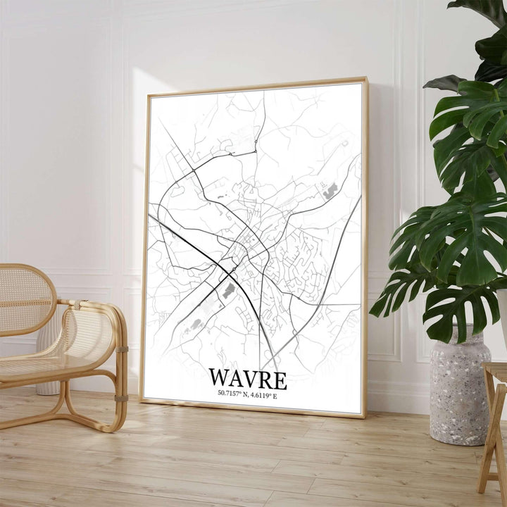 Modern monochrome cartography wall print displaying the urban road network, Dyle river paths, and rail corridors of Wavre, Belgium, with elegant typography. Offered by MapYourDreams, this artwork is available in flexible options including unframed paper, custom wooden frames, and gallery canvas wraps.