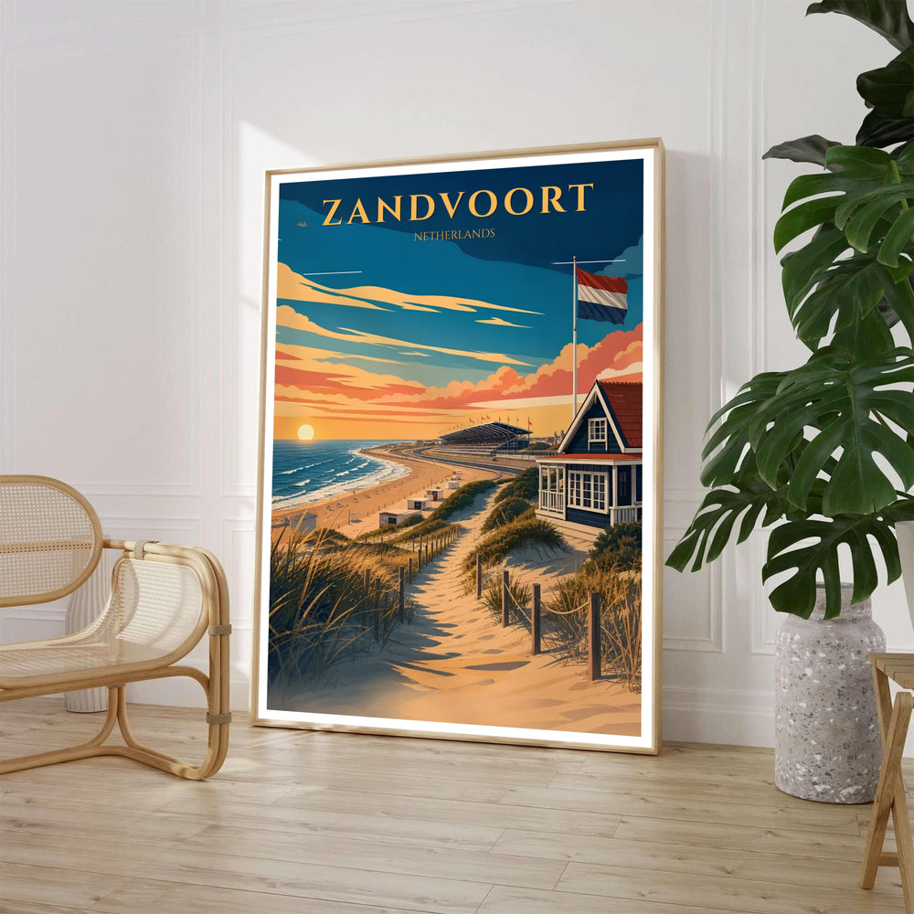 Luminous sunset print showing golden sand dune paths, ocean waves, and the distant Circuit Zandvoort grandstand in Zandvoort Netherlands, available from MapYourDreams where shoppers can select unframed fine art posters, gallery wrapped canvas decor, and custom frame options for coastal rooms.