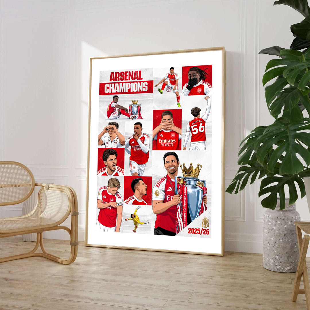 Illustrated Arsenal FC 25/26 Premier League Champions squad poster featuring Mikel Arteta lifting the trophy at Emirates Stadium in North London, available as unframed, framed, or canvas wall decor.