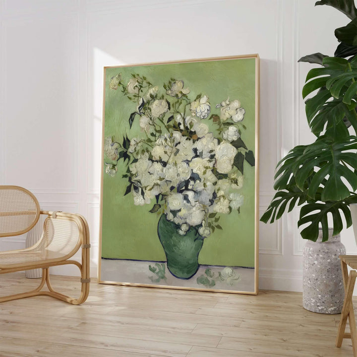 Historic Post-Impressionist oil painting print of Vincent van Gogh Roses 1890 painted in Saint-Remy-de-Provence France. Choose an unframed fine art paper print, a textured gallery stretched canvas print, or custom framed wall decor directly from MapYourDreams to decorate your space.