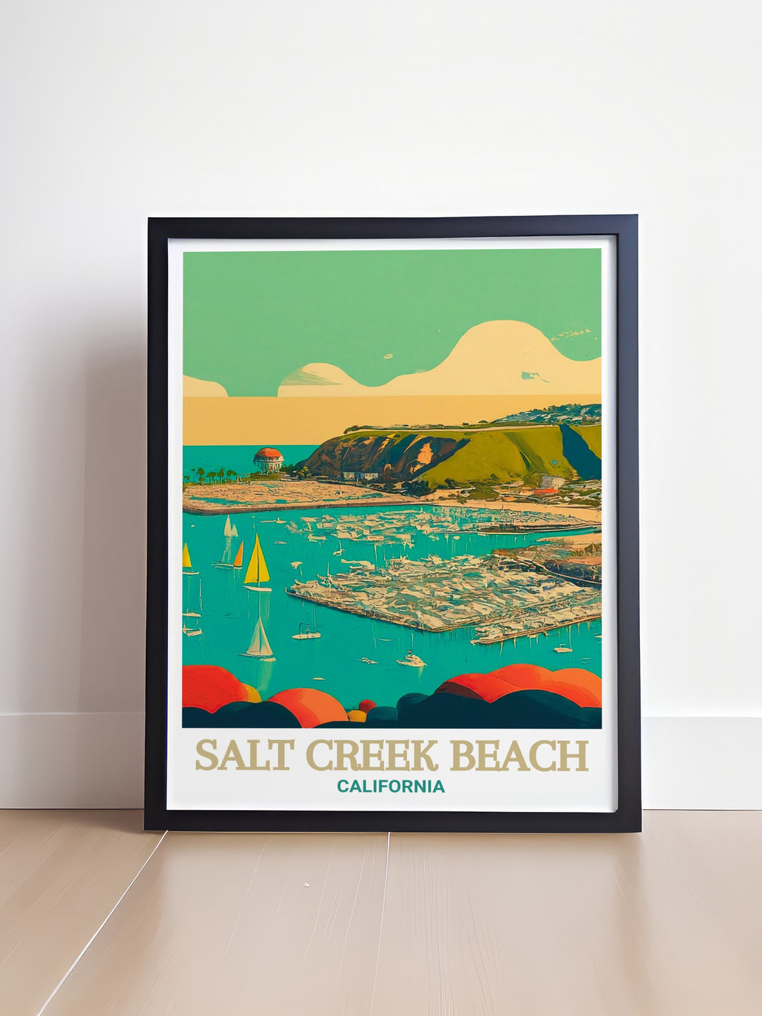 This detailed print of Salt Creek Beach and Dana Point Harbor captures the essence of Californias coastal landscape. The artworks vibrant colors and serene composition are perfect for enhancing the ambiance of any room with a touch of seaside tranquility.