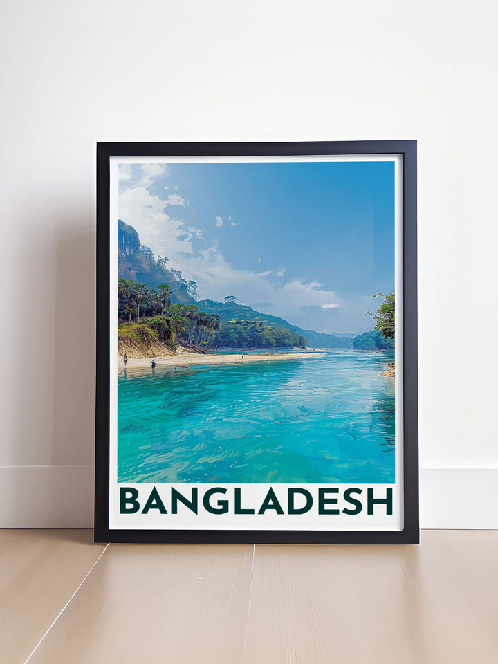 Highlighting the serene landscapes of Lalakhal, this travel poster features the calm waters and lush greenery of Sylhet, ideal for nature enthusiasts and home decor lovers.