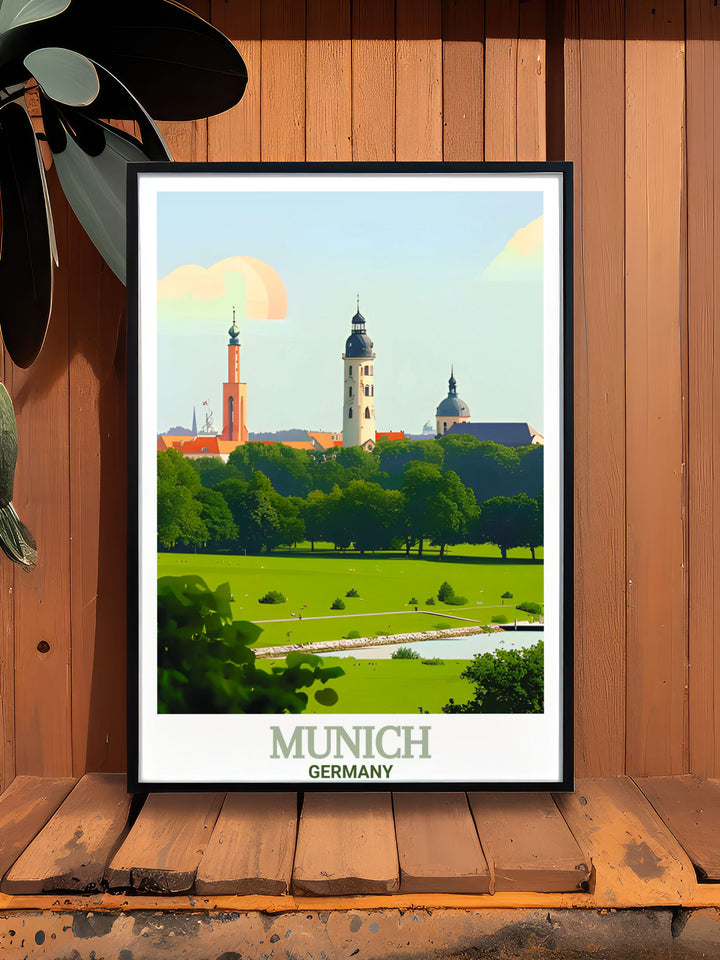 Capture the tranquility of the English Garden with this Germany Poster. Featuring Munichs iconic landmarks and the lush surroundings of the park, this artwork is perfect for anyone who loves nature and European travel.