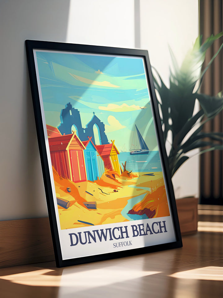 Dunwich Church Ruins canvas art showcases the haunting beauty of Suffolks coastline, with the ruins of medieval churches standing as a testament to the areas rich history. This travel print is ideal for lovers of both coastal scenery and historical intrigue.