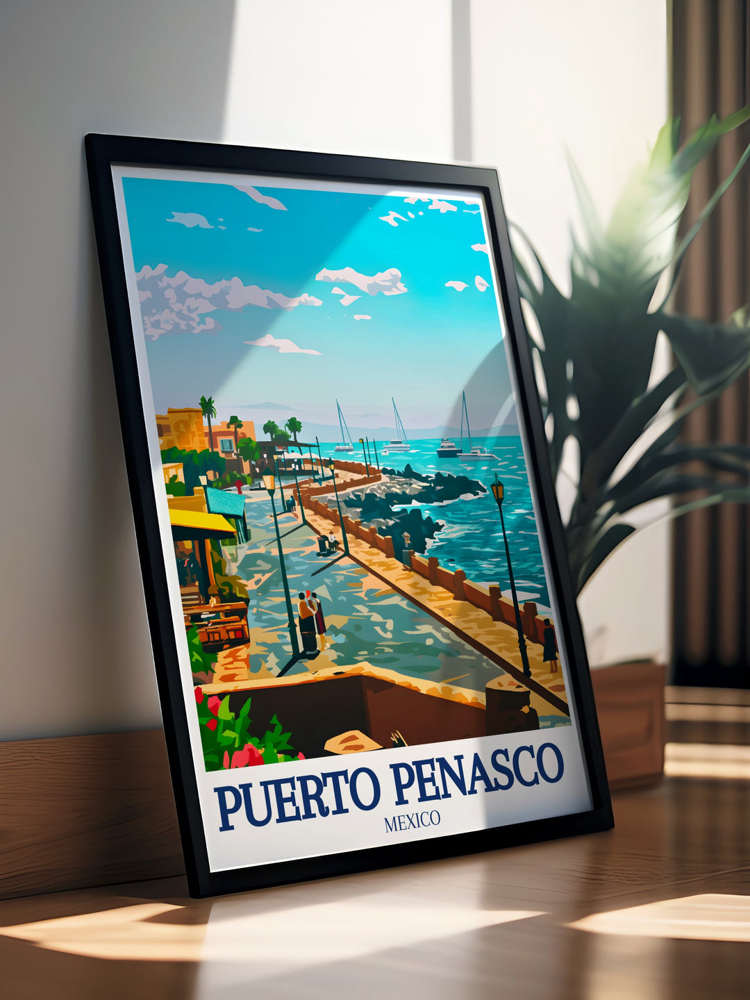 Experience the vibrant culture and serene waters of Puerto Peñasco with this captivating art print. Featuring the Malecon and Sea of Cortez, this artwork brings the beauty of Mexicos coast into your space, making it perfect for lovers of travel art and coastal landscapes.