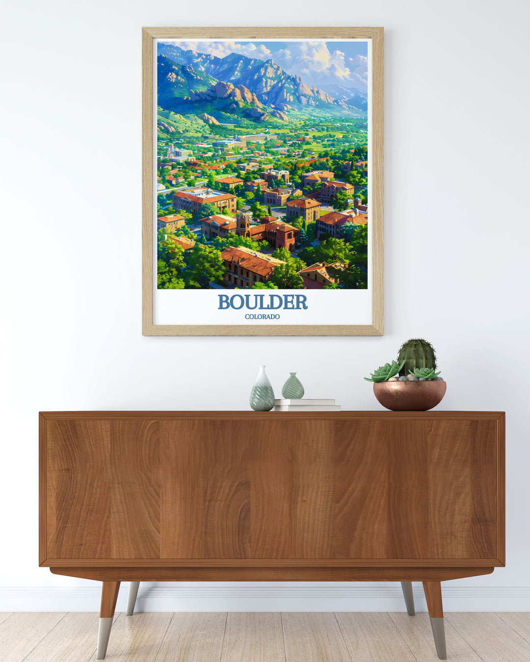 Stunning travel poster of Boulder, Colorado, featuring the majestic Flatirons. This artwork showcases the natural beauty and vibrant energy of Boulder, making it a perfect addition to any art collection or home decor.