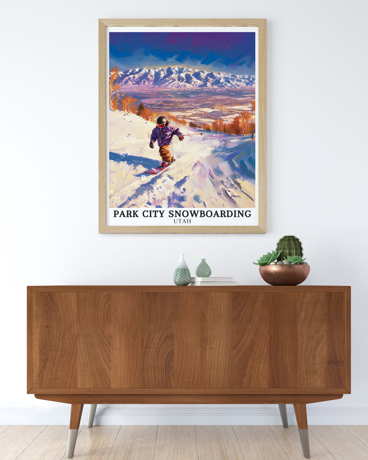 Vintage ski posters of Park City. Highlighting the exhilarating experience of snowboarding at Park City Mountain Resort, these vintage ski posters bring a retro touch to your home decor.