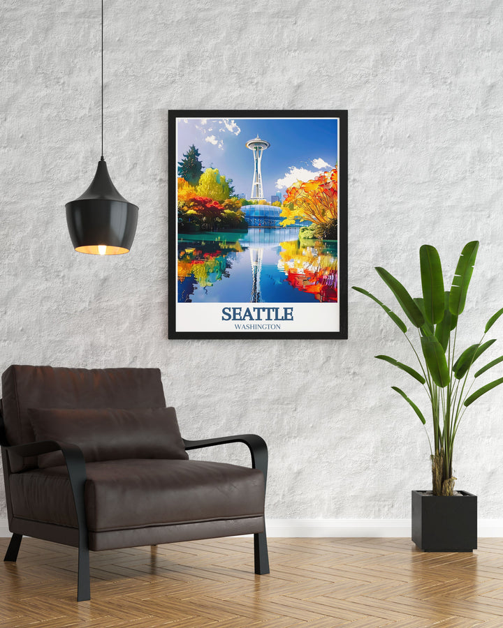 This Seattle Poster Print features the iconic Space Needle, accompanied by the artistic glassworks of Chihuly Garden and Glass. The vibrant colors and stunning composition make this a must have travel print for any Seattle lover or art enthusiast.