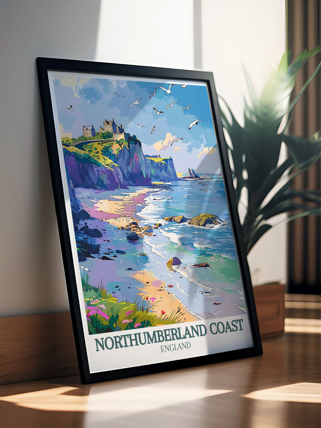 Vintage Travel Print showcasing the iconic Bamburgh Castle and Dunstanburgh Castle along the stunning Northumberland Coast ideal for adding a touch of historical charm to any room