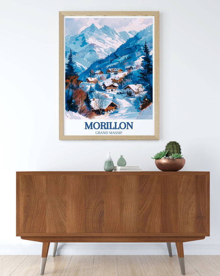 Flaine print highlighting the stunning views of the French Alps Grand Massif Morillon Village a beautiful addition to any living room decor with its timeless appeal