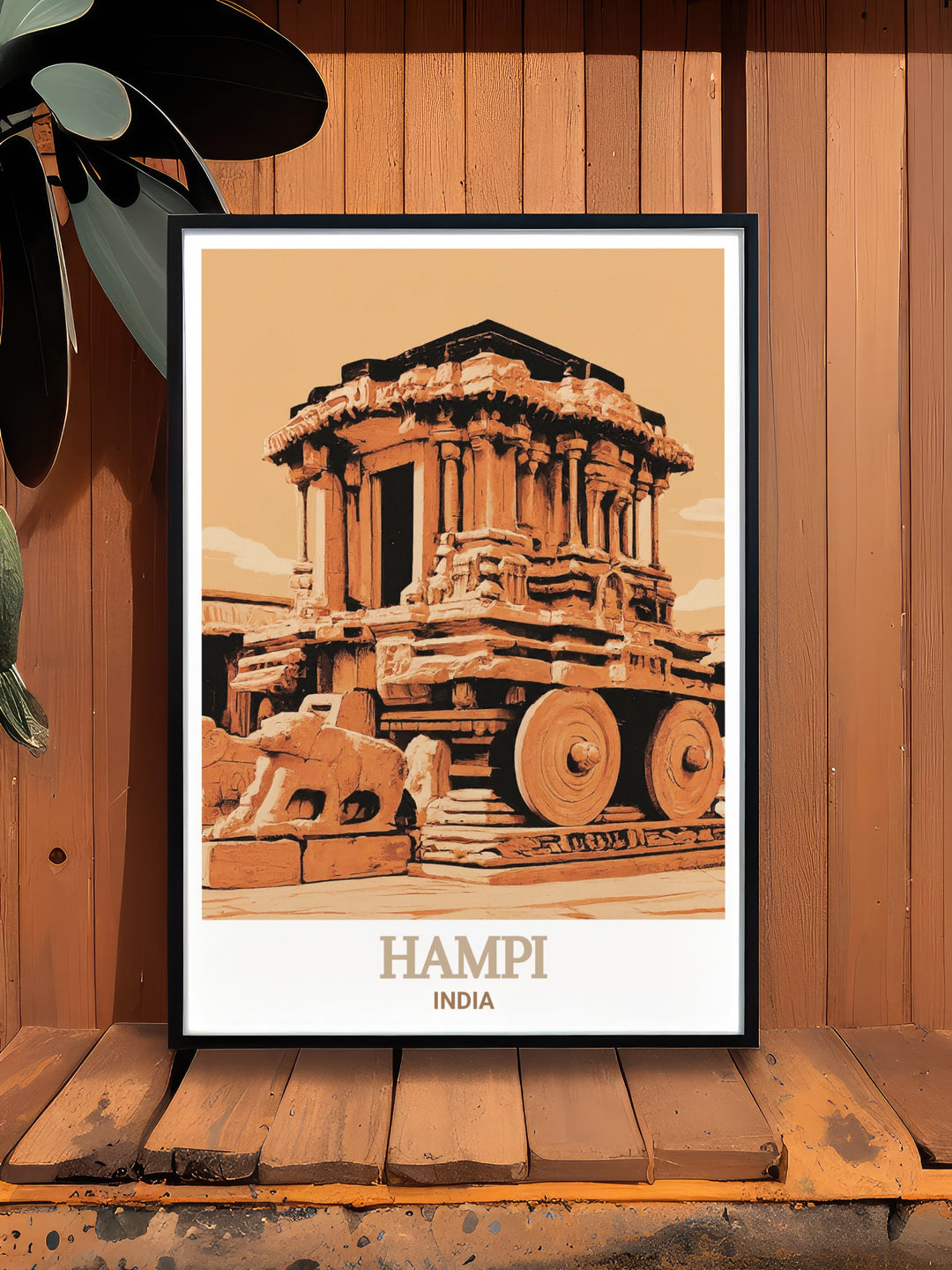 Scenic Vijaya Vittala Temple poster from Hampi, highlighting the breathtaking views of the temples majestic pillars and Stone Chariot. This exquisite artwork brings the beauty of one of Indias most iconic landmarks into your living space.