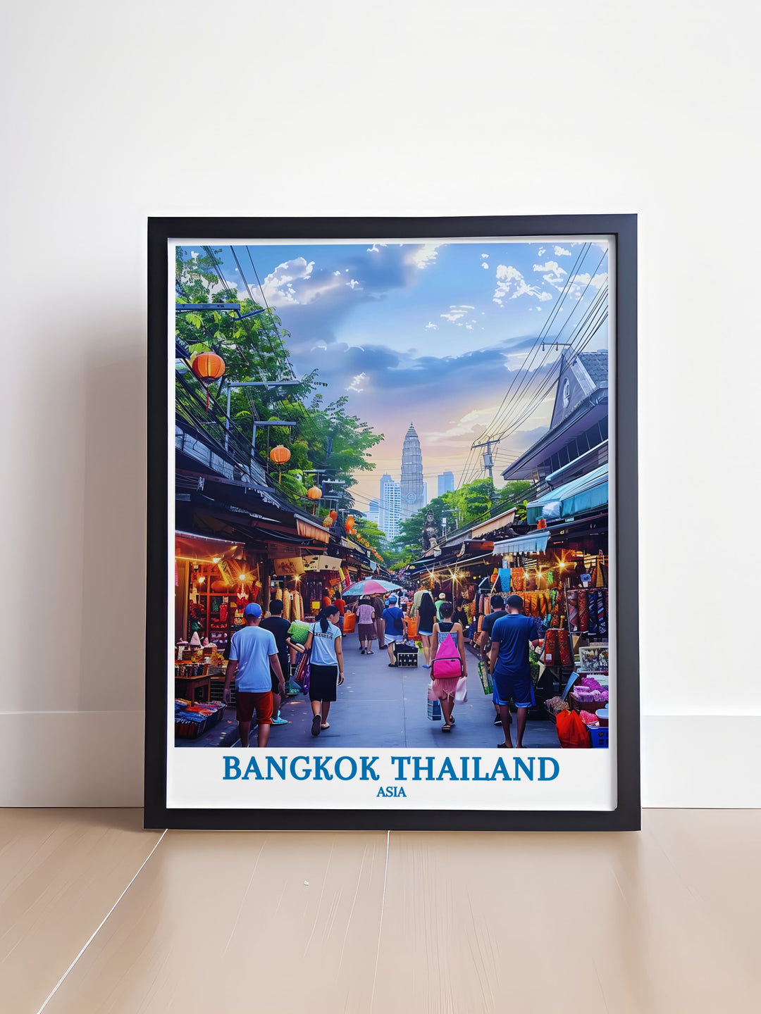 Fine art print capturing the intricate architecture of a Bangkok temple against the city skyline, ideal for those who appreciate both spiritual and urban aesthetics.
