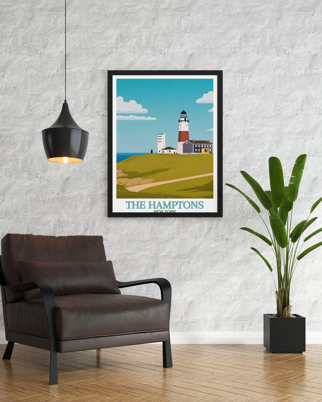 This Montauk Point Lighthouse travel print showcases New Yorks oldest lighthouse alongside The Hamptons scenic beaches. Its vintage design and color palette make it a perfect coastal art piece for your home, or a thoughtful personalized gift for anyone who loves New Yorks coastal heritage.