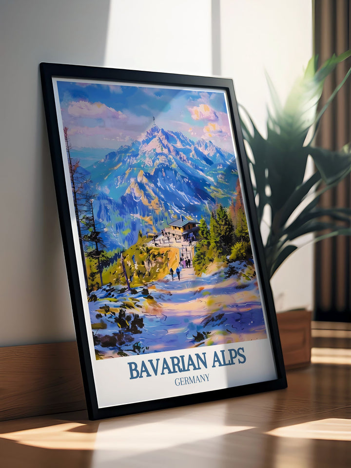 Detailed Bavarian Alps digital download showcasing the majestic Berchtesgaden National Park and the dramatic Eagles Nest, perfect for any art collection or as a memorable travel keepsake. Enhances your home with German allure.