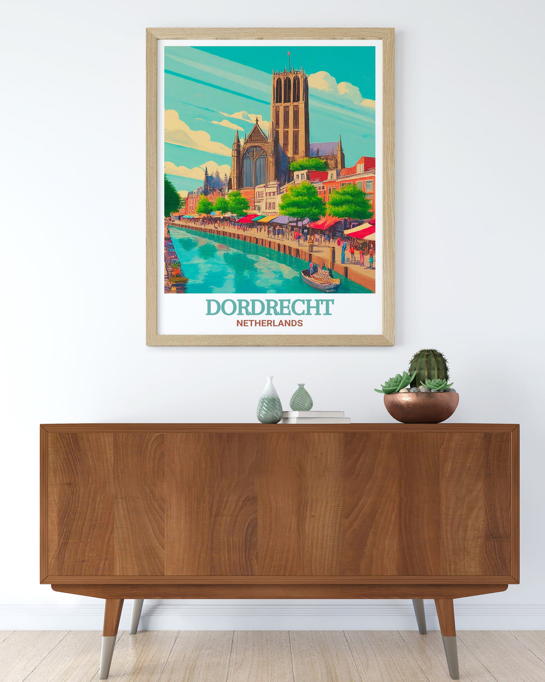 Grote Kerk travel print highlighting the architectural grandeur of Dordrechts iconic church. This Netherlands art print showcases the towering spire and intricate details of the church, making it a perfect addition to any collection of historical or architectural art.