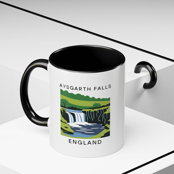 A detailed Aysgarth Falls England mug showcasing the cascading waterfall and lush landscape. Perfect for collectors or as a meaningful gift, it is both practical and artistic.