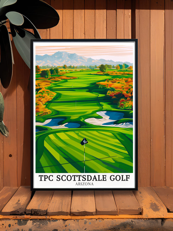 TPC Scottsdale canvas art highlighting the par 3 16th hole, set against the backdrop of Arizonas McDowell Mountains. This artwork is a must have for golf lovers and those who appreciate the unique landscapes of Arizona.