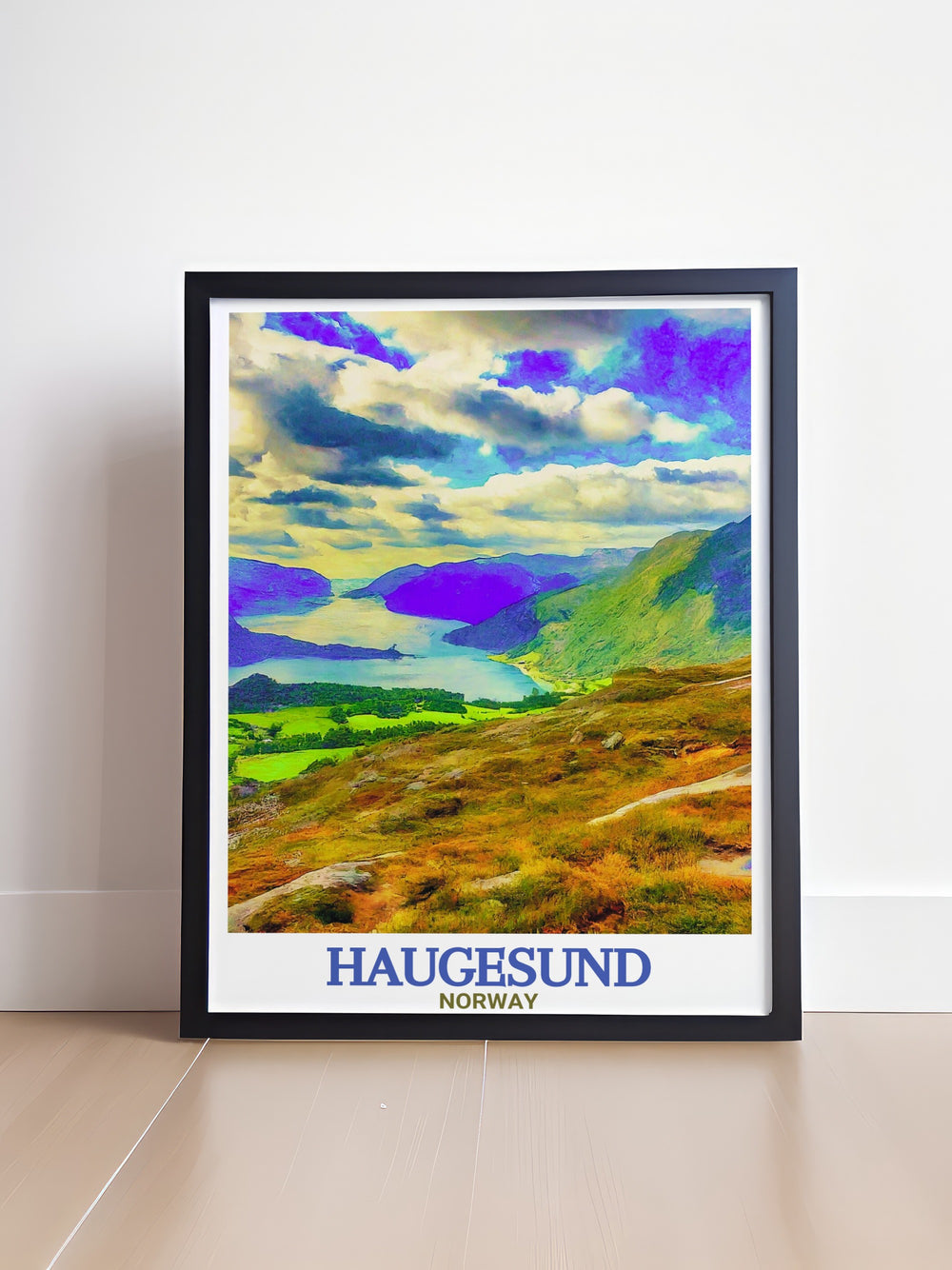 Explore Norways coastal beauty with this travel print of Haugesund and Steinsfjellet. Featuring stunning views over the North Sea fjords, this artwork is an ideal addition to any home decor.