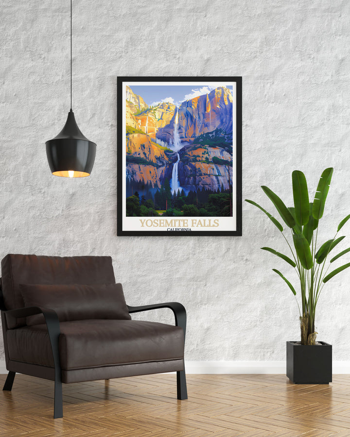 Detailed Yosemite Falls artwork showcasing the waterfalls impressive cascade and Californias natural allure