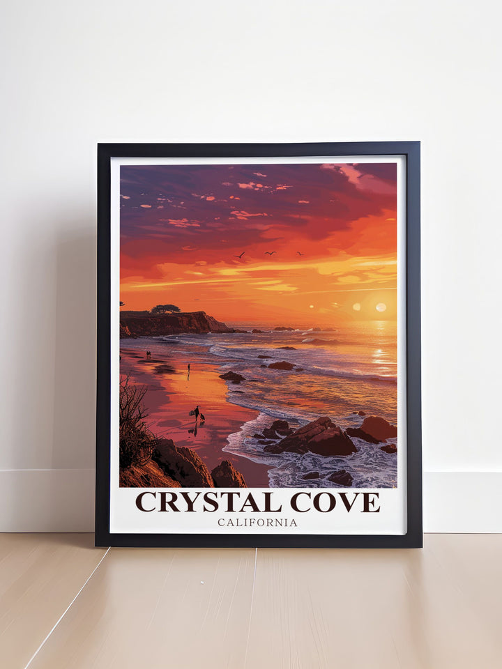 Immerse yourself in the tranquility of Crystal Cove Beach with this stunning travel print showcasing the picturesque shores and gentle waves of the California coastline ideal for adding a touch of coastal charm to your home decor.