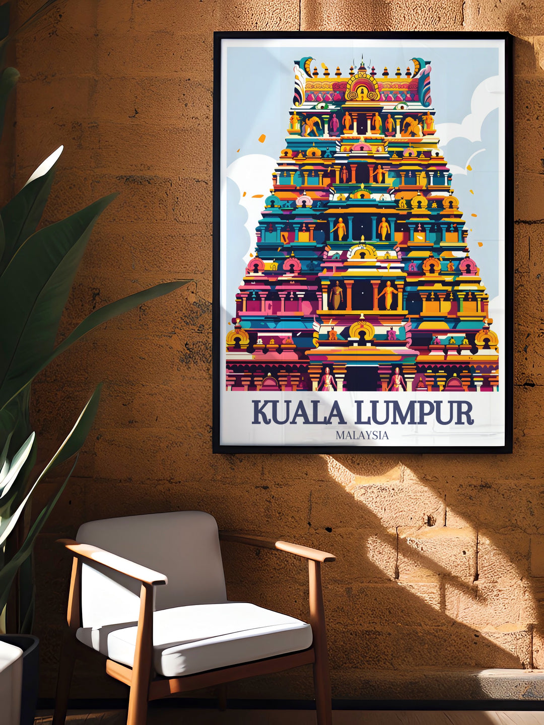 Sri Maha Mariamman Temple and Jalan Bandar travel art that captures the vibrant energy of Kuala Lumpurs urban and spiritual heart. This poster print is perfect for celebrating the cultural richness of Malaysia while adding a piece of world class architecture to your decor.