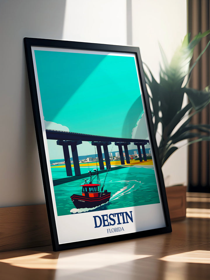 Florida beach wall art showcasing the Destin Harbor, a place where vacation memories are made. This travel poster highlights the serene waters and iconic bridge of Destin, making it an ideal piece for your coastal decor collection.